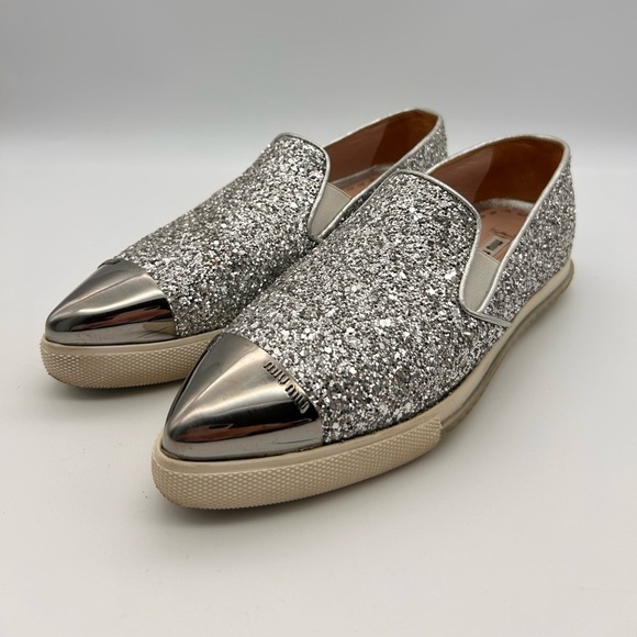 Miu Miu Shoes - MIU MIU Glitter Slip-On Sneakers Steel Toe Pointed Size 35 Look At Photos